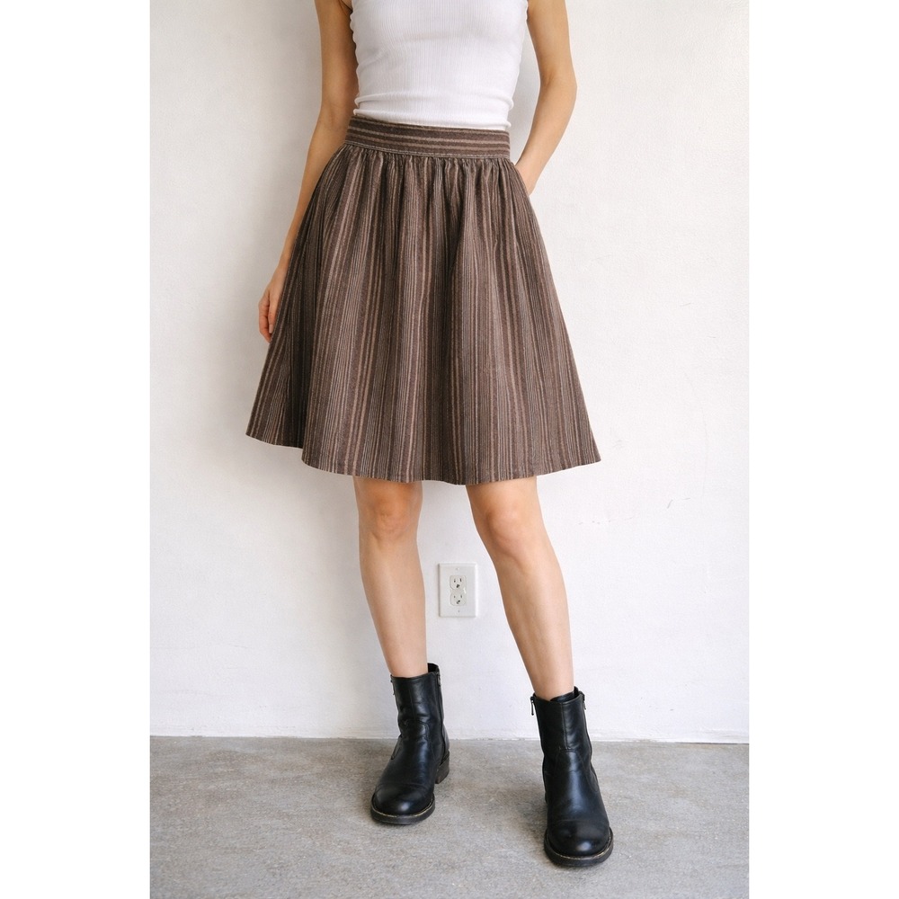 Claude Vintage Brown Striped High Waisted Midi Skirt Woven Gathered Full Skirt S